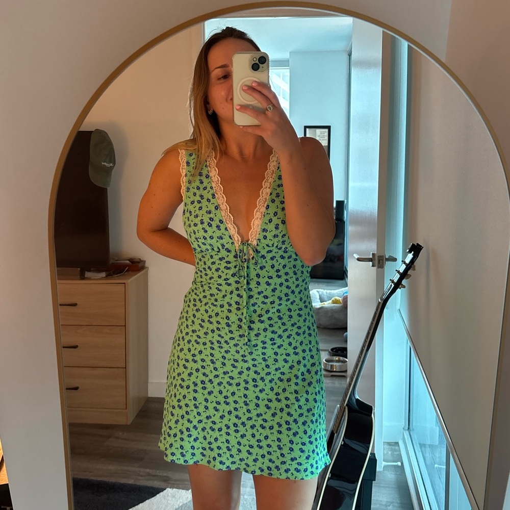 Isalis Bright Green Floral Lace-Trim Mini Dress